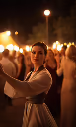woman holding lit candle at night in front of people