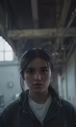 a young woman standing in an industrial building