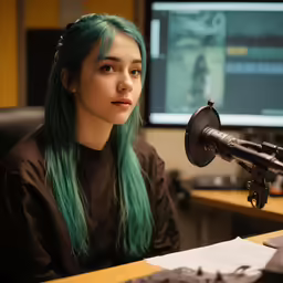 an attractive young lady with long green hair sitting at a microphone