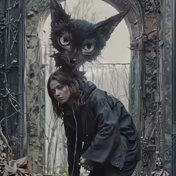 woman in a cat mask standing by an old doorway