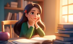 disney princess standing and smiling while sitting in front of a table full of books