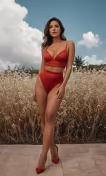 a beautiful young woman in a red bikinisuit stands next to some dried grass