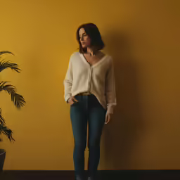 a woman in jeans and sweater standing against a wall