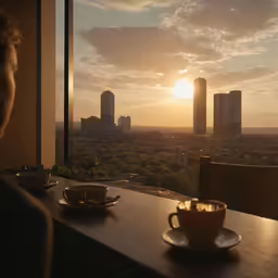cups of coffee on a table overlooking the city