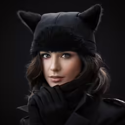 a woman wearing a black hat with fur ears
