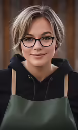 a woman in glasses looking at the camera