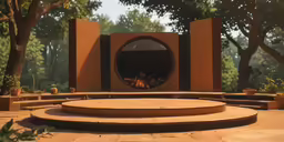 an outside fireplace with steps leading to it