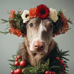 a dog with a flower crown on his head