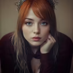 a red headed woman wearing a tiara