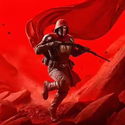 a soldier running in red rock with a red background