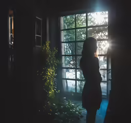 a silhouette of a woman standing in front of a window at night