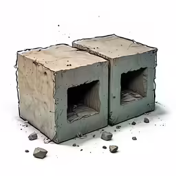 an open and closed cement box on a white surface