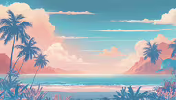 a picture of the sky and a sea near palm trees,a painting of some trees water and mountains