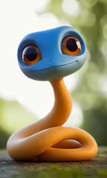 a blue and orange toy with large brown eyes