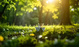 a paper boat is sitting on the grass