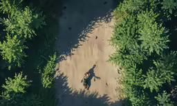 two people riding horses in a dirt trail through trees