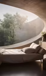 a bed in a bedroom with an arched window on the outside