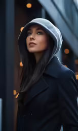 an attractive woman with long dark hair wearing a hat