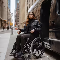 a woman in a black jacket and a wheelchair is outside