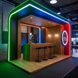 a wooden bar area is lit up and decorated in bright neon colors