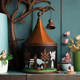 the tree lamp next to the blue vases is decorated with a woodland scene
