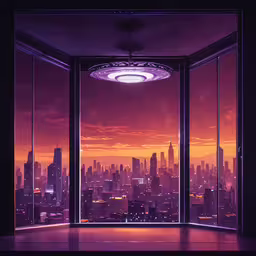 an open room with a window showing the city lights,a beautiful view out a very large window