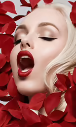 lady with red flowers surrounding her and her mouth open
