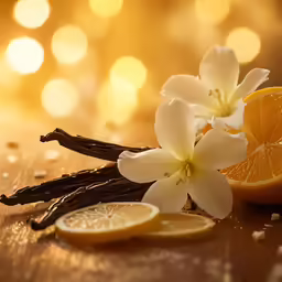 flowers and cinnamons are scattered around orange slices
