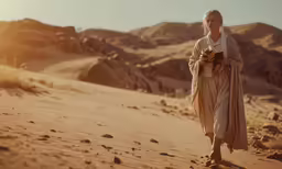 a person walking down a desert like setting