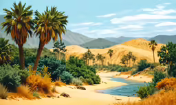 trees on a sandy, deserted beach in the desert