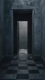 a dark room with a hallway leading to an open door