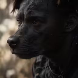 the young dog is wearing black with a collar and it has his head slightly turned