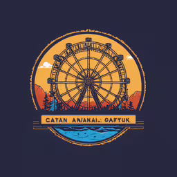 the logo for a famous ferris wheel,a big wheel is near a mountain lake