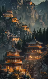 night time scenery of a mountain with houses on the rocks