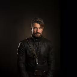 an image of a man in the dark,a man with a beard wearing black leather