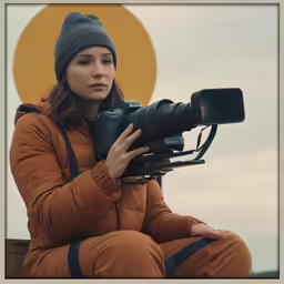 a young woman with a camera sitting on a fence