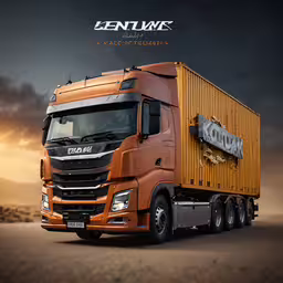 a truck has a large yellow box on its side,a truck with its sun on the side is parked in the desert