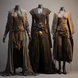 three mannequins dressed in costumes standing next to each other