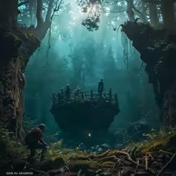 a man walking through a forest with people on a bridge