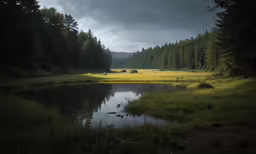 landscape of a forest and river during cloudy day