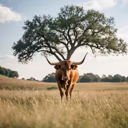 a large bull standing in a field next to a tree