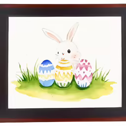 painting of an easter bunny next to decorated eggs
