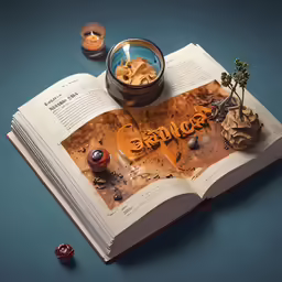 an open book with an object inside it next to some candy