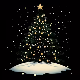a snow covered christmas tree on a dark night