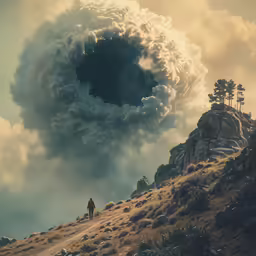 there is a giant cloud above the people walking up the hill