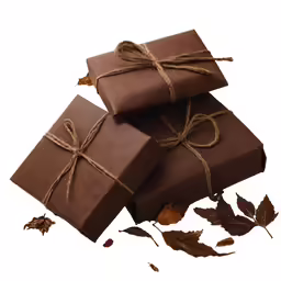 a stack of chocolate boxes sitting on top of leaves