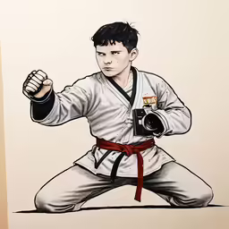 a drawing of a young man wearing a karate outfit