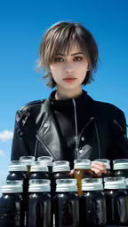 a woman with some jars around her,a beautiful young woman holding a tray of honey jars
