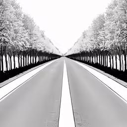 a black and white photograph of a road in the woods