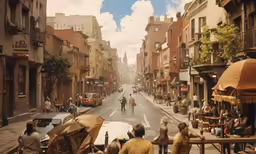 people walking down the middle of a city street with buildings